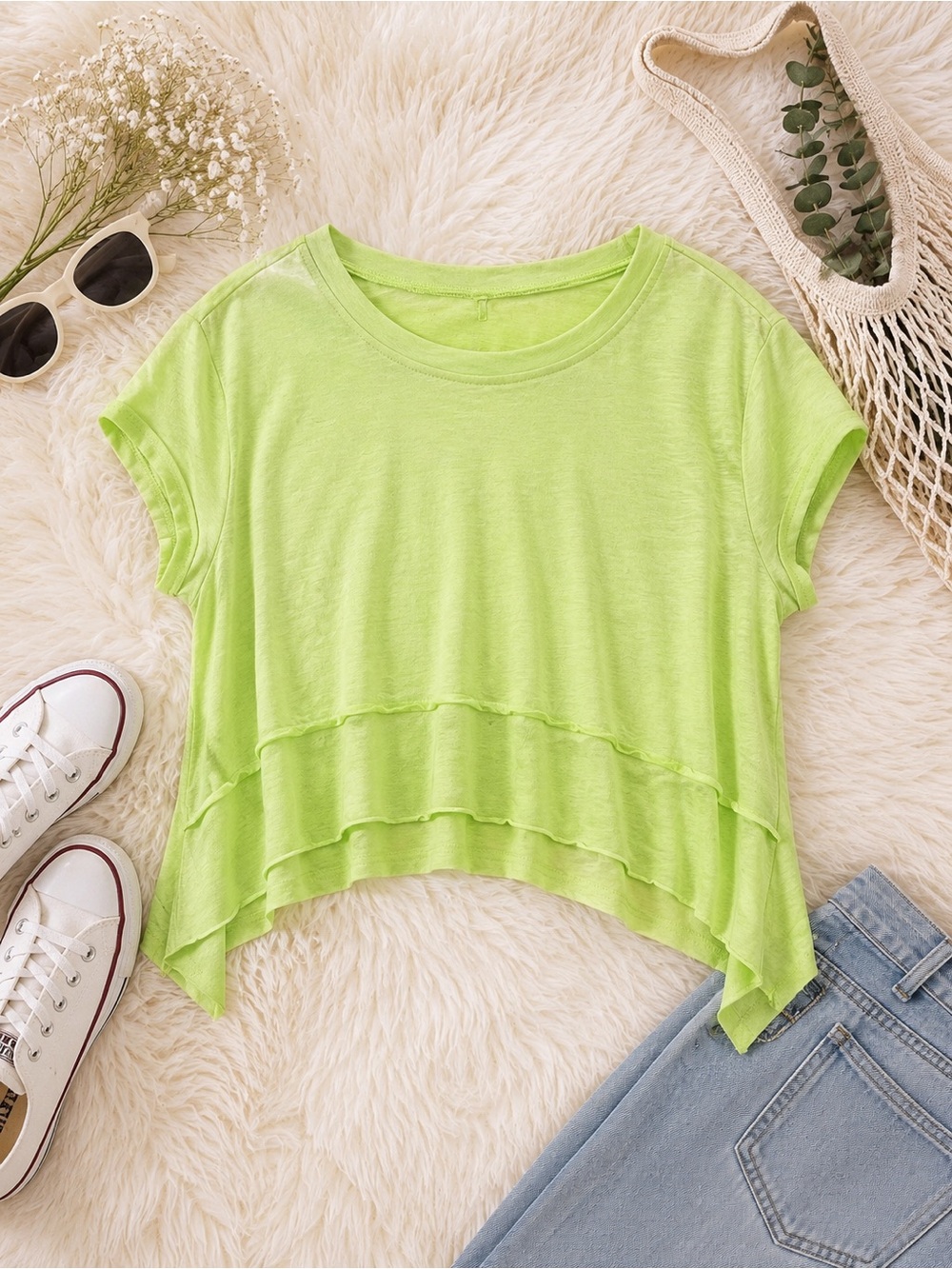 SHEIN Neon Lime Flowy Crop Top | Lightweight Layered Tee